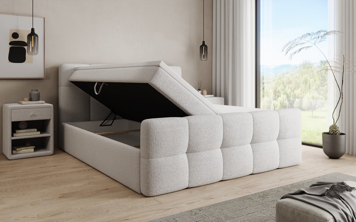 Boxspringbed Cozy in Teddystof Bouclé met opbergruimte