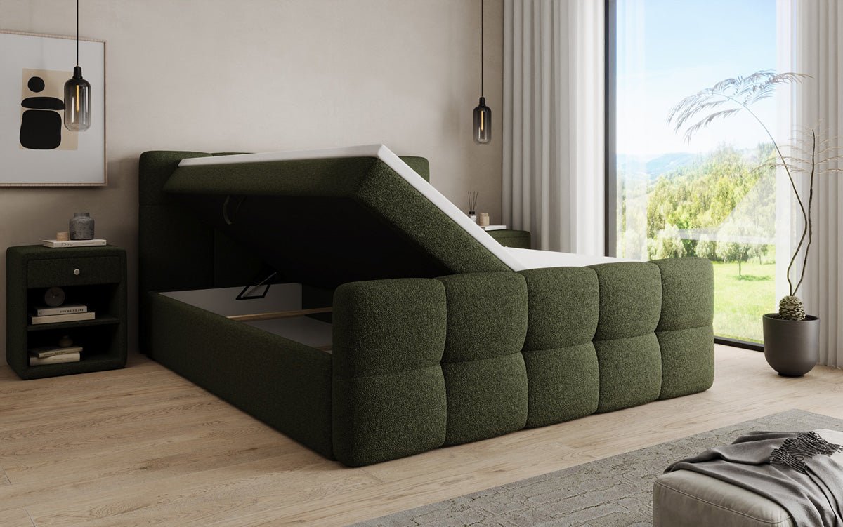 Boxspringbed Cozy in Teddystof Bouclé met opbergruimte