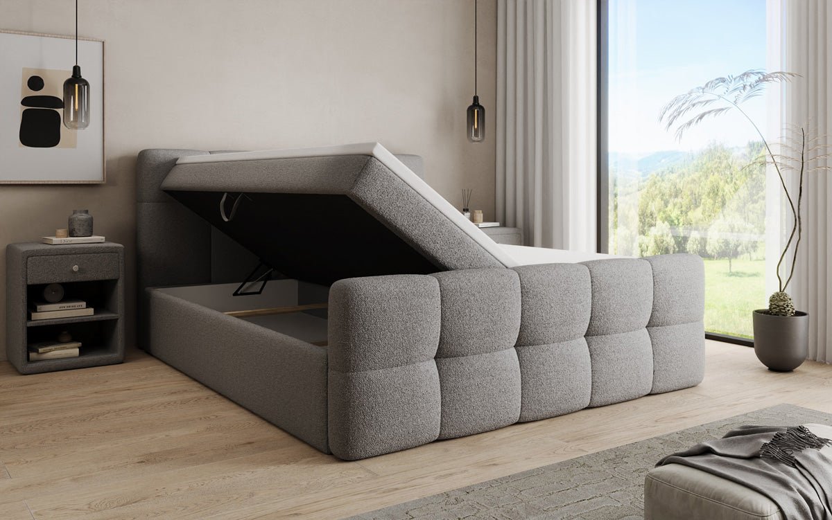 Boxspringbed Cozy in Teddystof Bouclé met opbergruimte