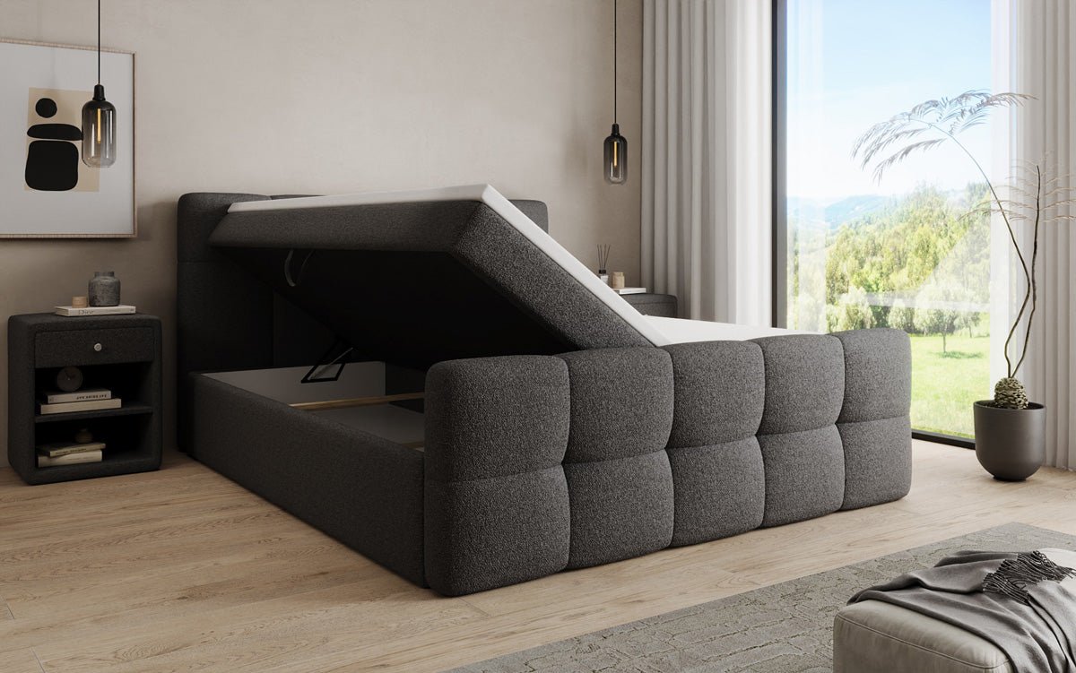 Boxspringbed Cozy in Teddystof Bouclé met opbergruimte