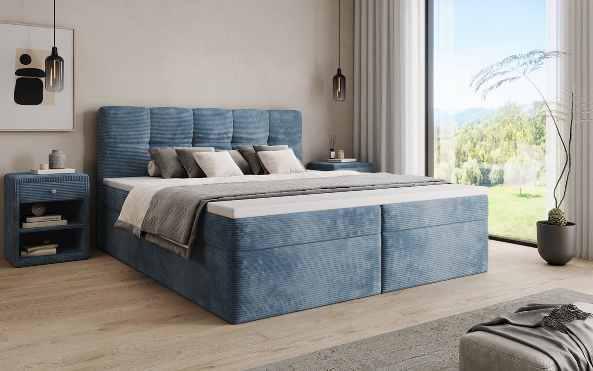 Boxspringbed Cozy II in Ribstof met opbergruimte