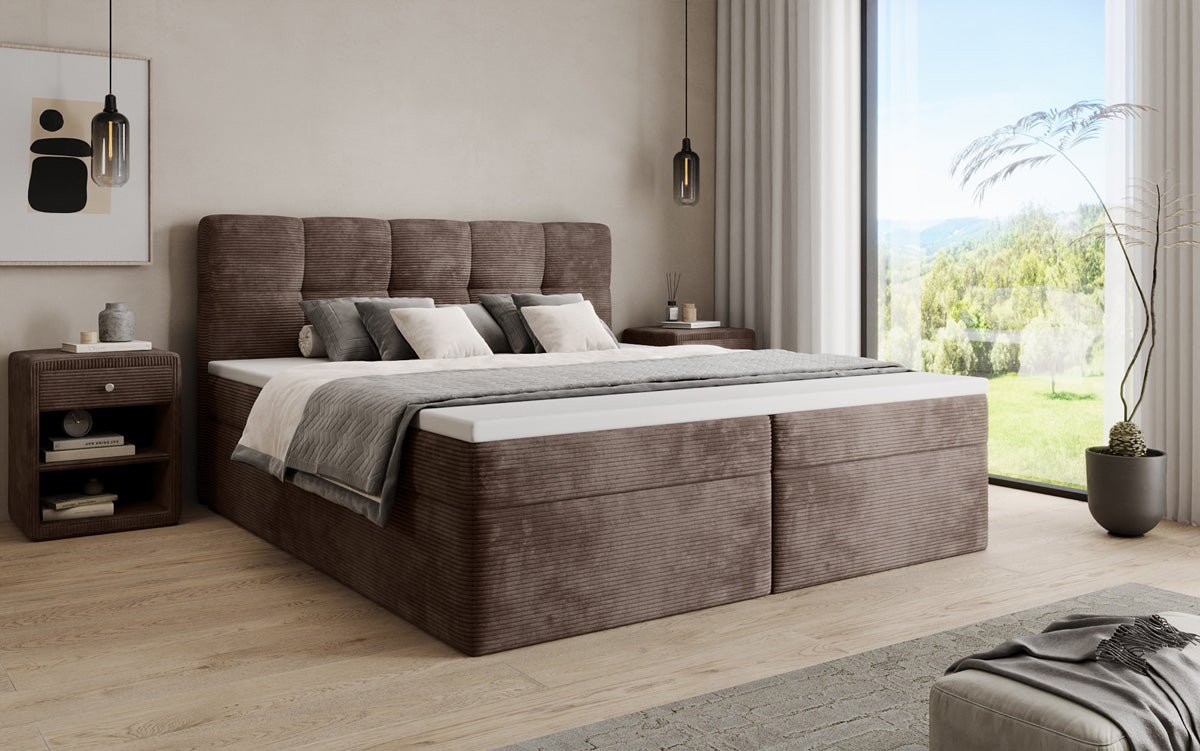 Boxspringbed Cozy II in Ribstof met opbergruimte
