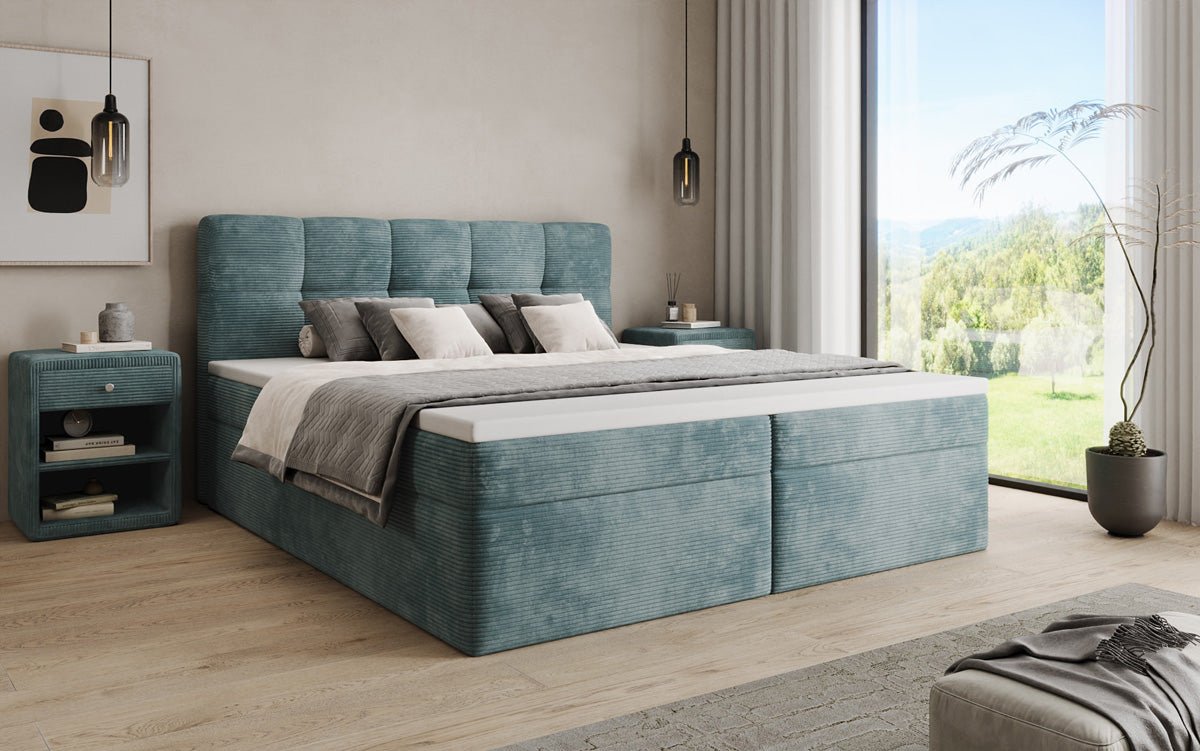 Boxspringbed Cozy II in Ribstof met opbergruimte