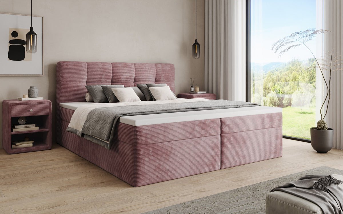 Boxspringbed Cozy II in Ribstof met opbergruimte