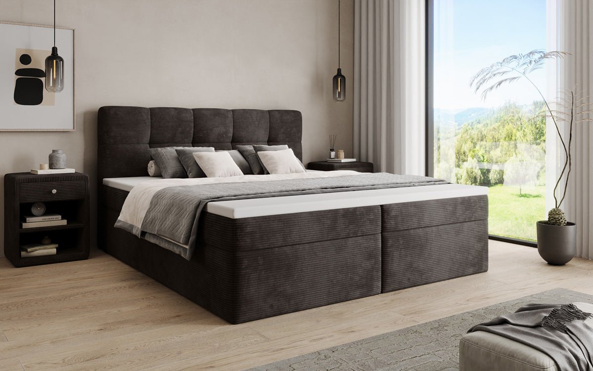 Boxspringbed Cozy II in Ribstof met opbergruimte