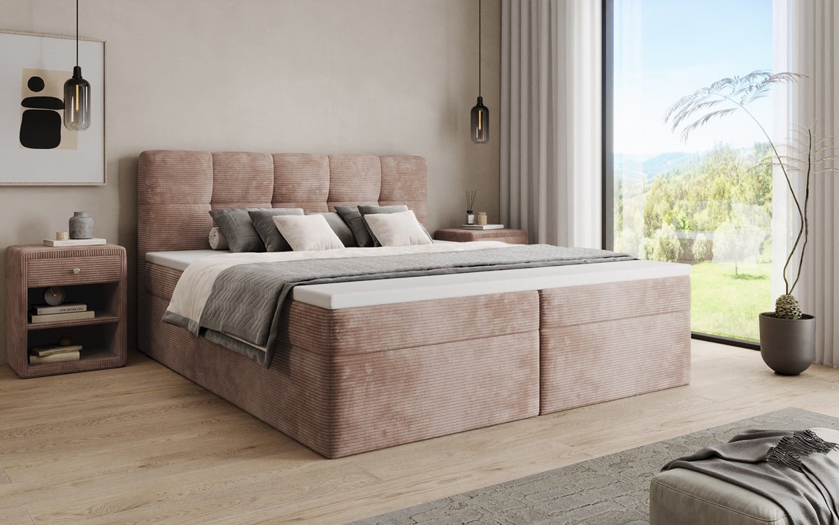 Boxspringbed Cozy II in Ribstof met opbergruimte