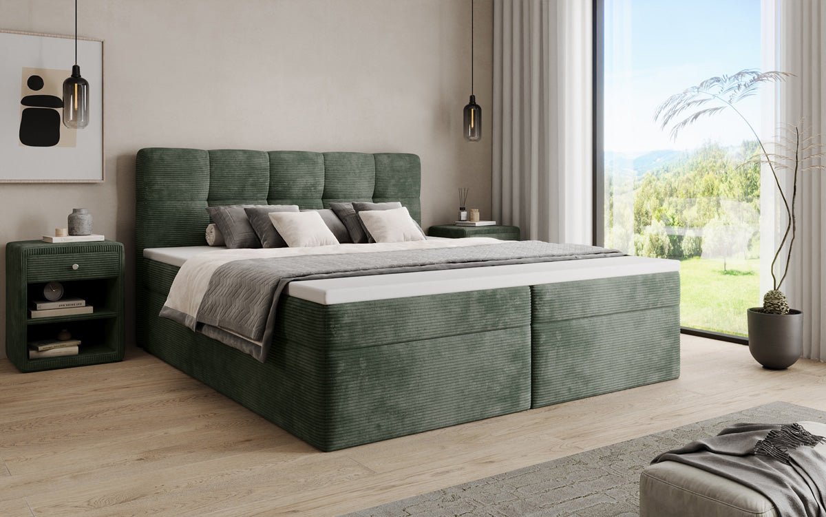 Boxspringbed Cozy II in Ribstof met opbergruimte