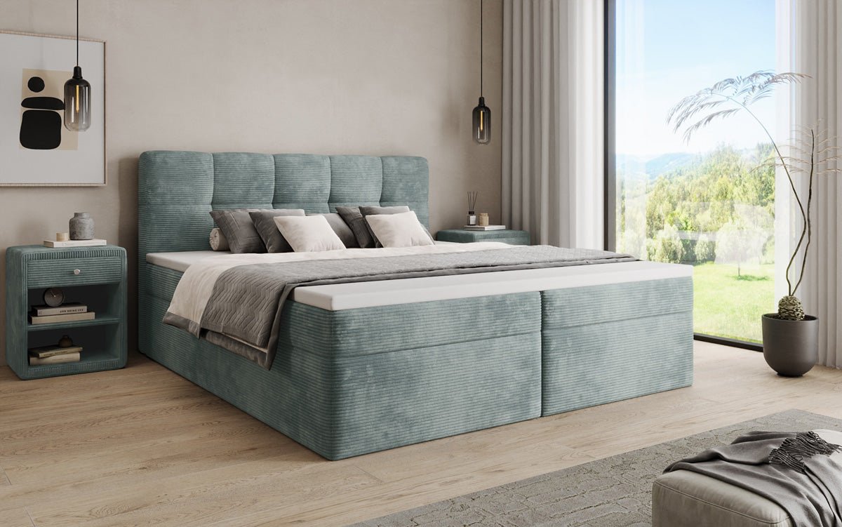 Boxspringbed Cozy II in Ribstof met opbergruimte