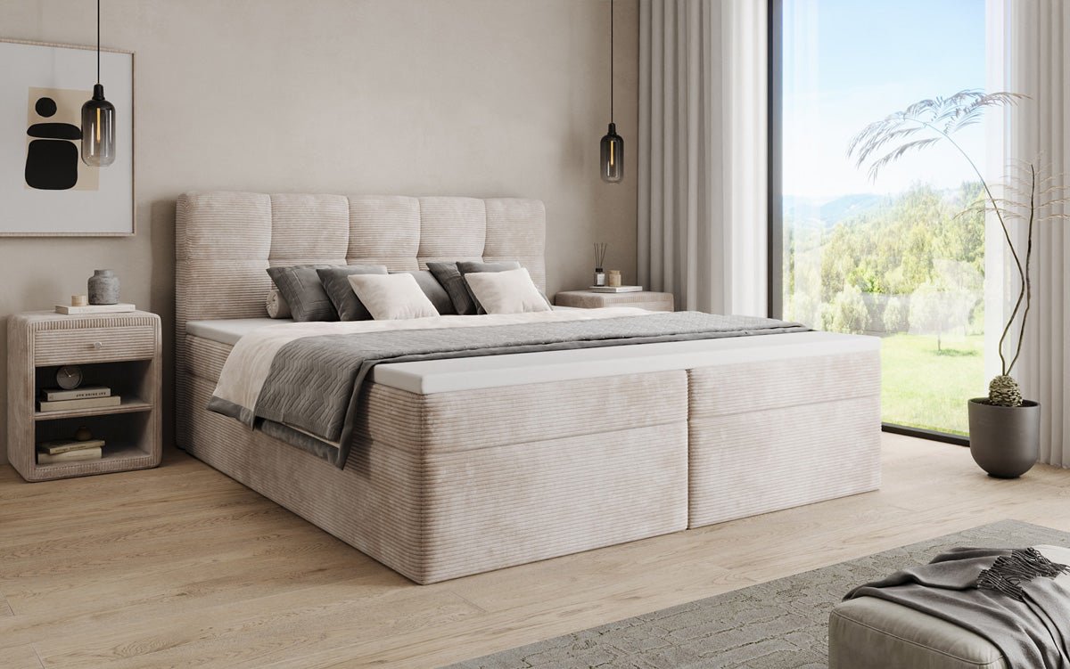 Boxspringbed Cozy II in Ribstof met opbergruimte