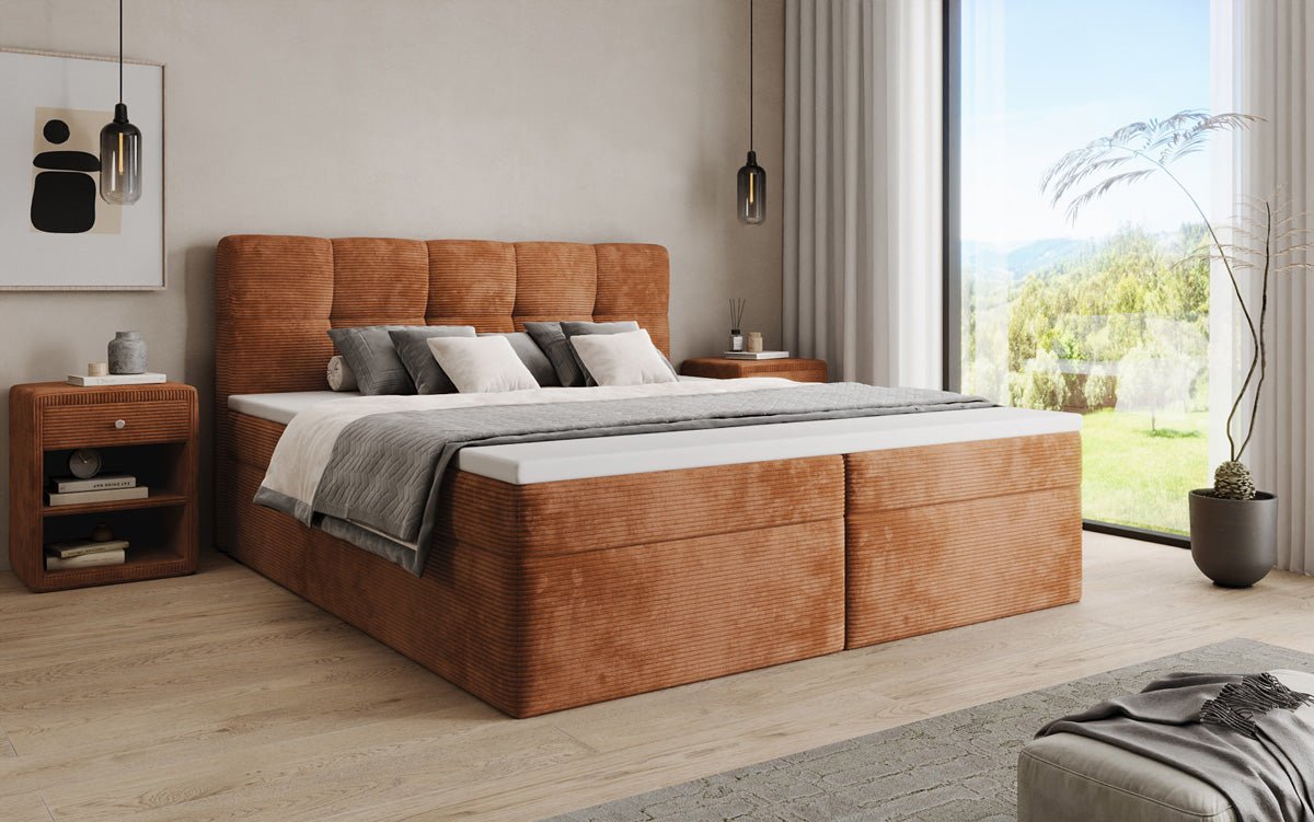 Boxspringbed Cozy II in Ribstof met opbergruimte
