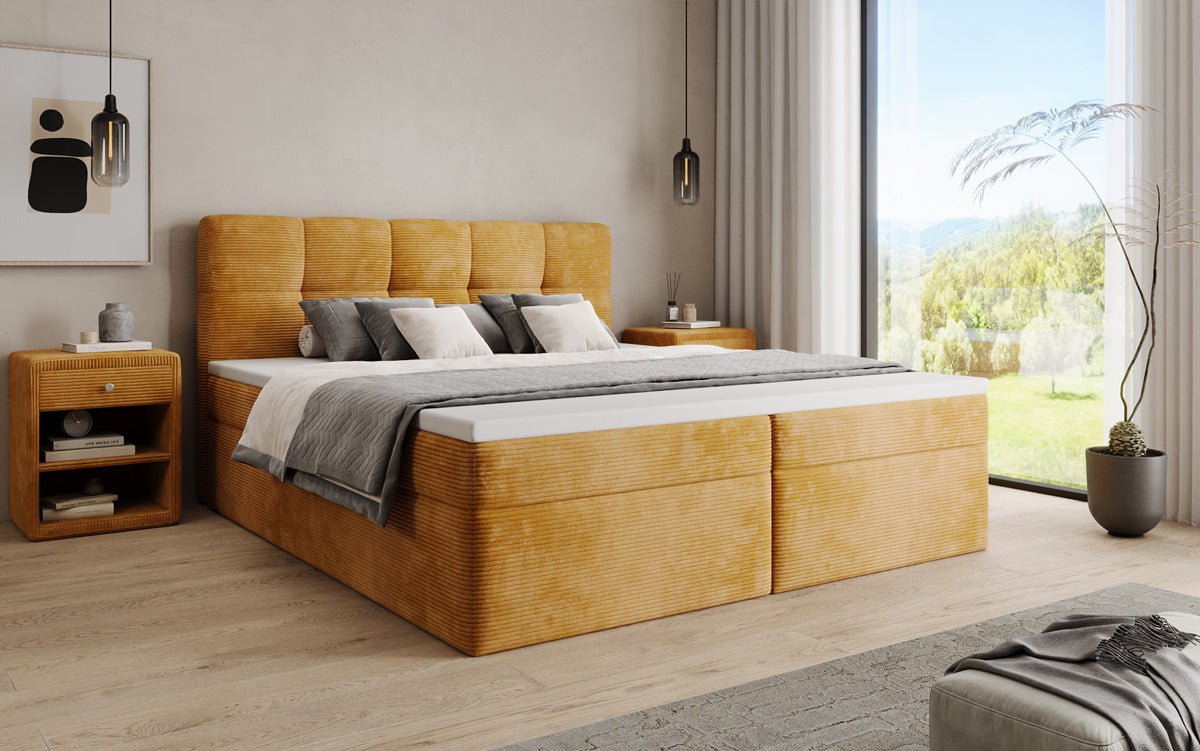 Boxspringbed Cozy II in Ribstof met opbergruimte