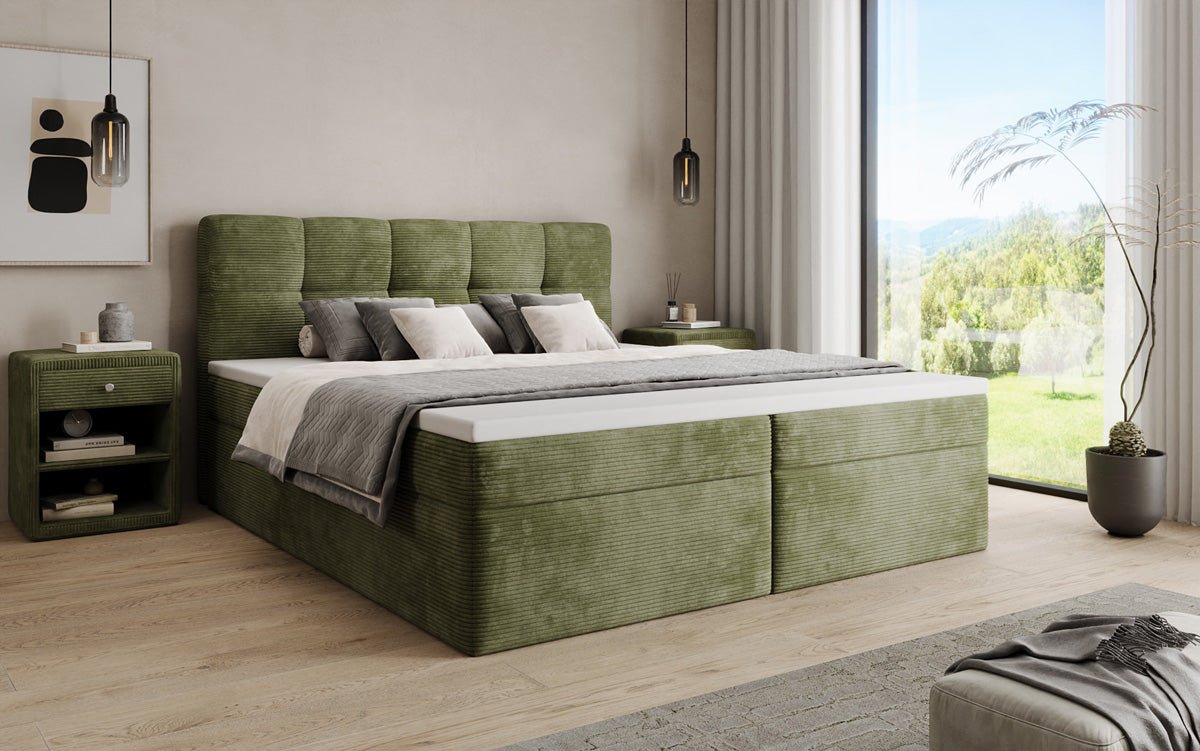 Boxspringbed Cozy II in Ribstof met opbergruimte