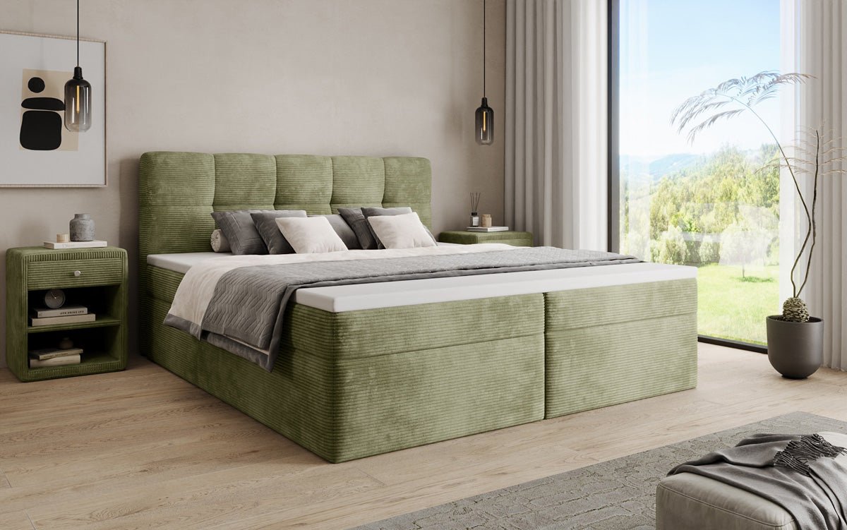 Boxspringbed Cozy II in Ribstof met opbergruimte