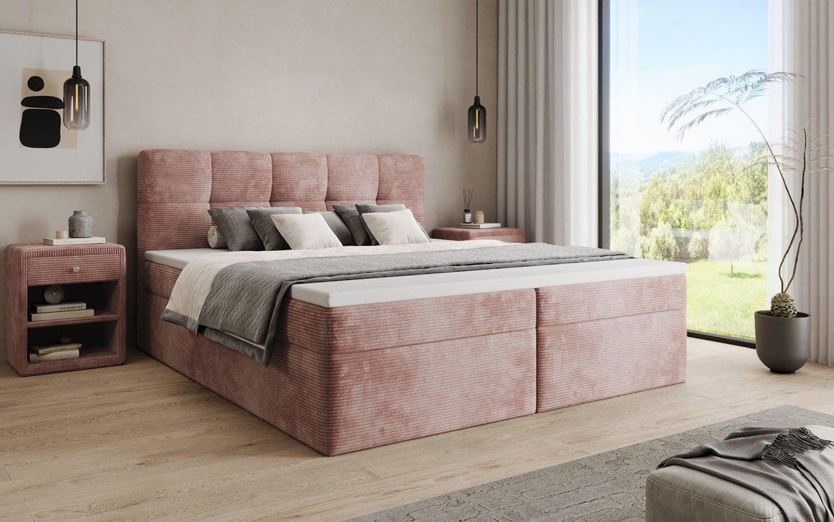Boxspringbed Cozy II in Ribstof met opbergruimte