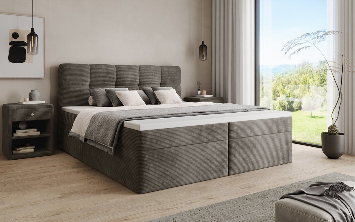 Boxspringbed Cozy II in Ribstof met opbergruimte