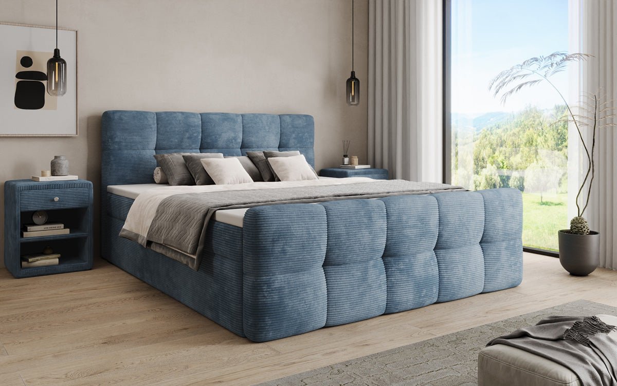 Boxspringbed Cozy in Ribstof met opbergruimte