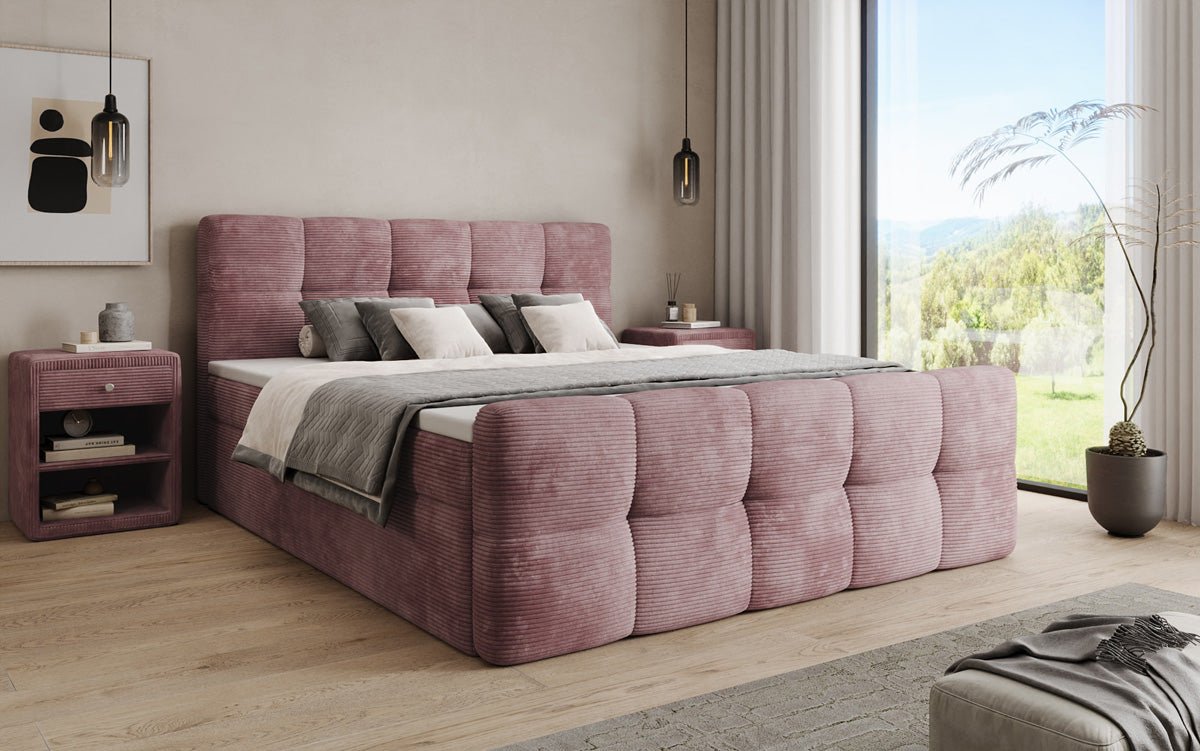 Boxspringbed Cozy in Ribstof met opbergruimte