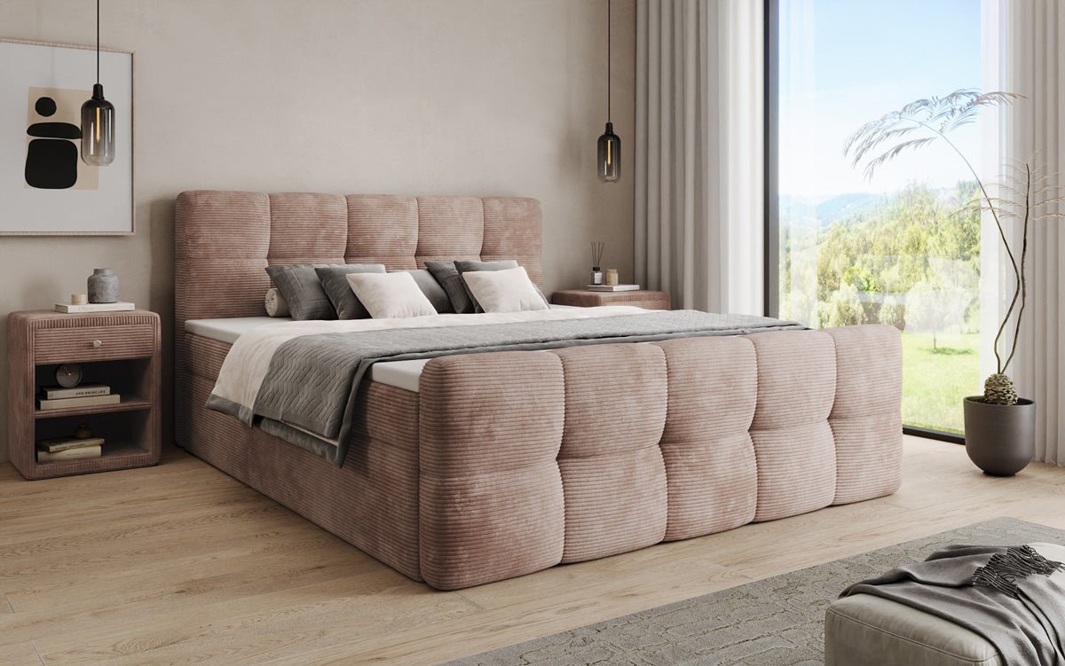 Boxspringbed Cozy in Ribstof met opbergruimte