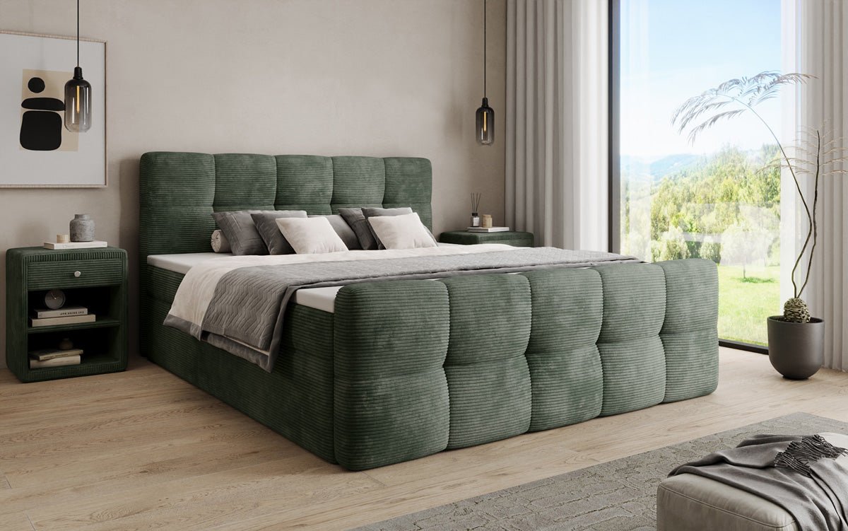 Boxspringbed Cozy in Ribstof met opbergruimte