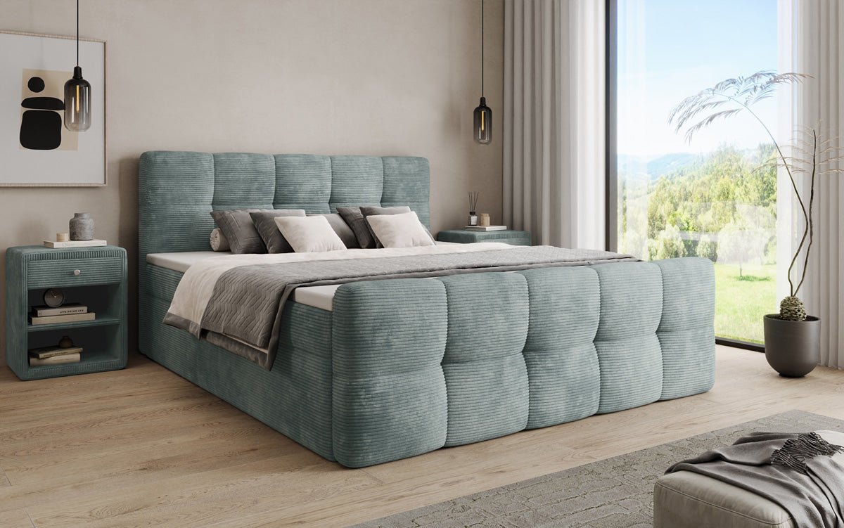 Boxspringbed Cozy in Ribstof met opbergruimte