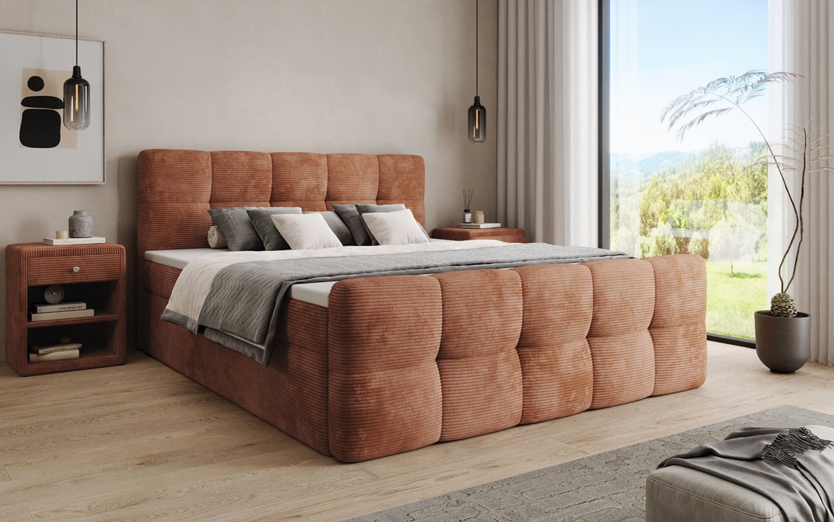 Boxspringbed Cozy in Ribstof met opbergruimte