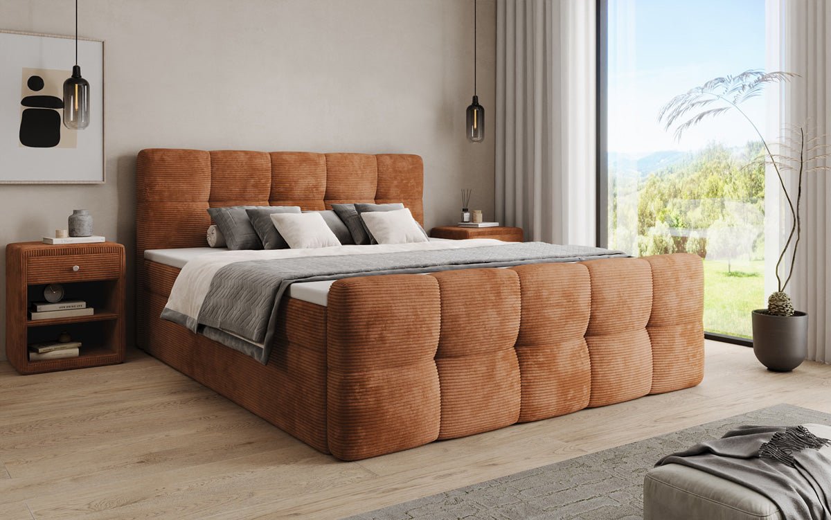 Boxspringbed Cozy in Ribstof met opbergruimte