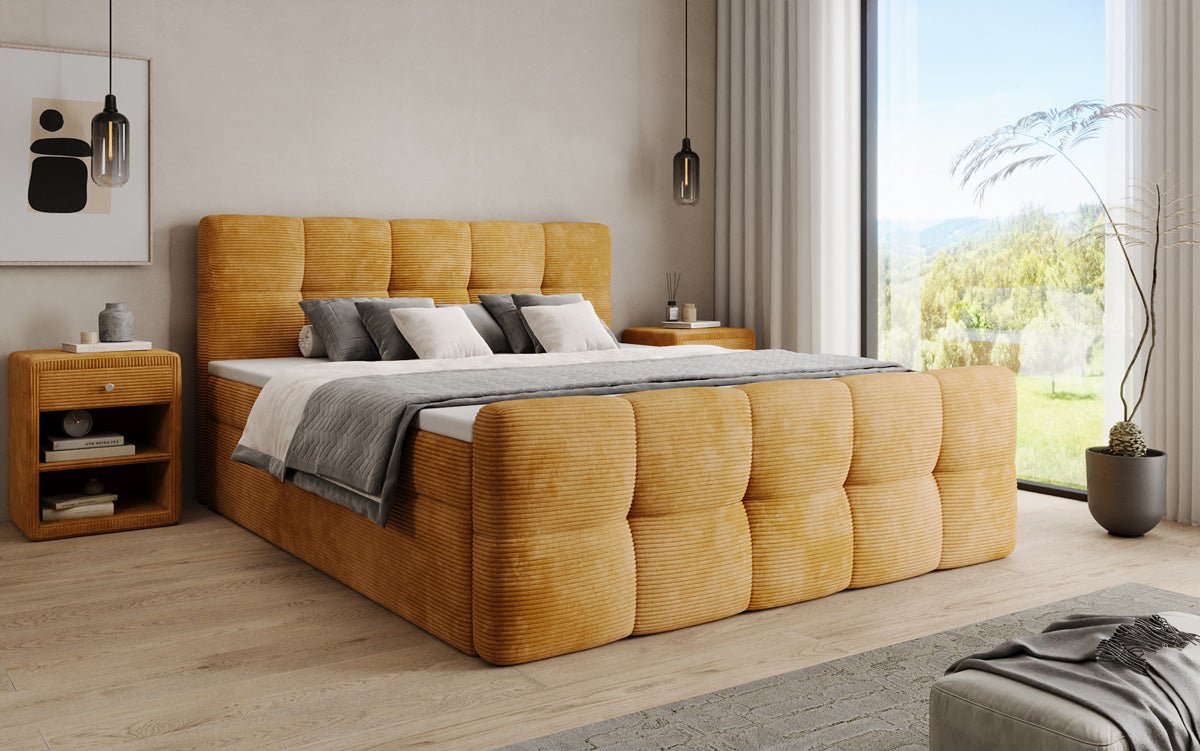 Boxspringbed Cozy in Ribstof met opbergruimte