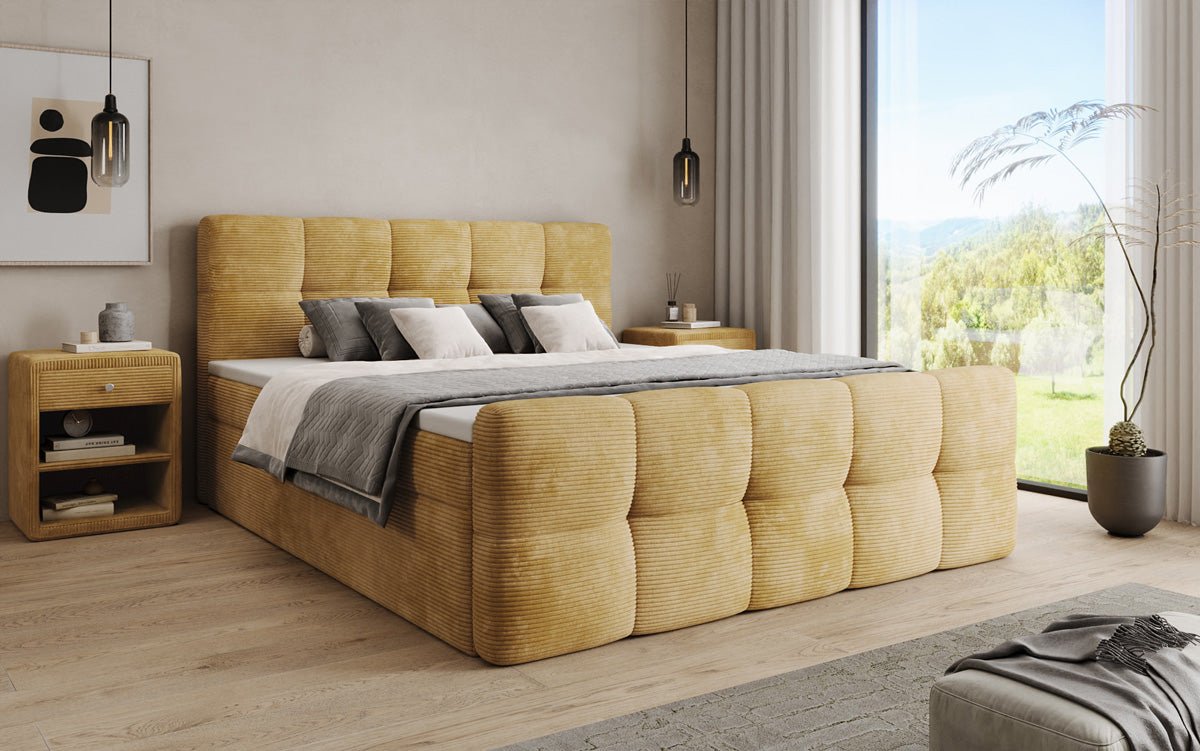 Boxspringbed Cozy in Ribstof met opbergruimte