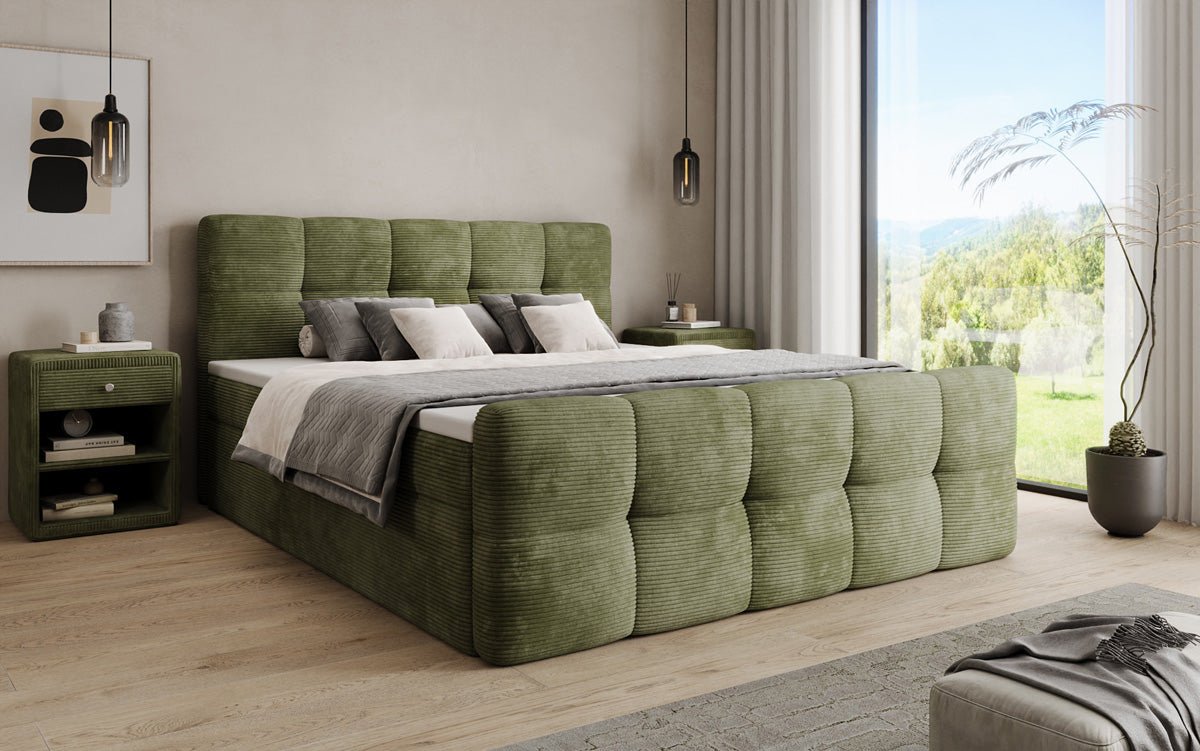 Boxspringbed Cozy in Ribstof met opbergruimte