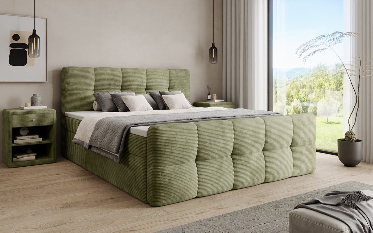 Boxspringbed Cozy in Ribstof met opbergruimte