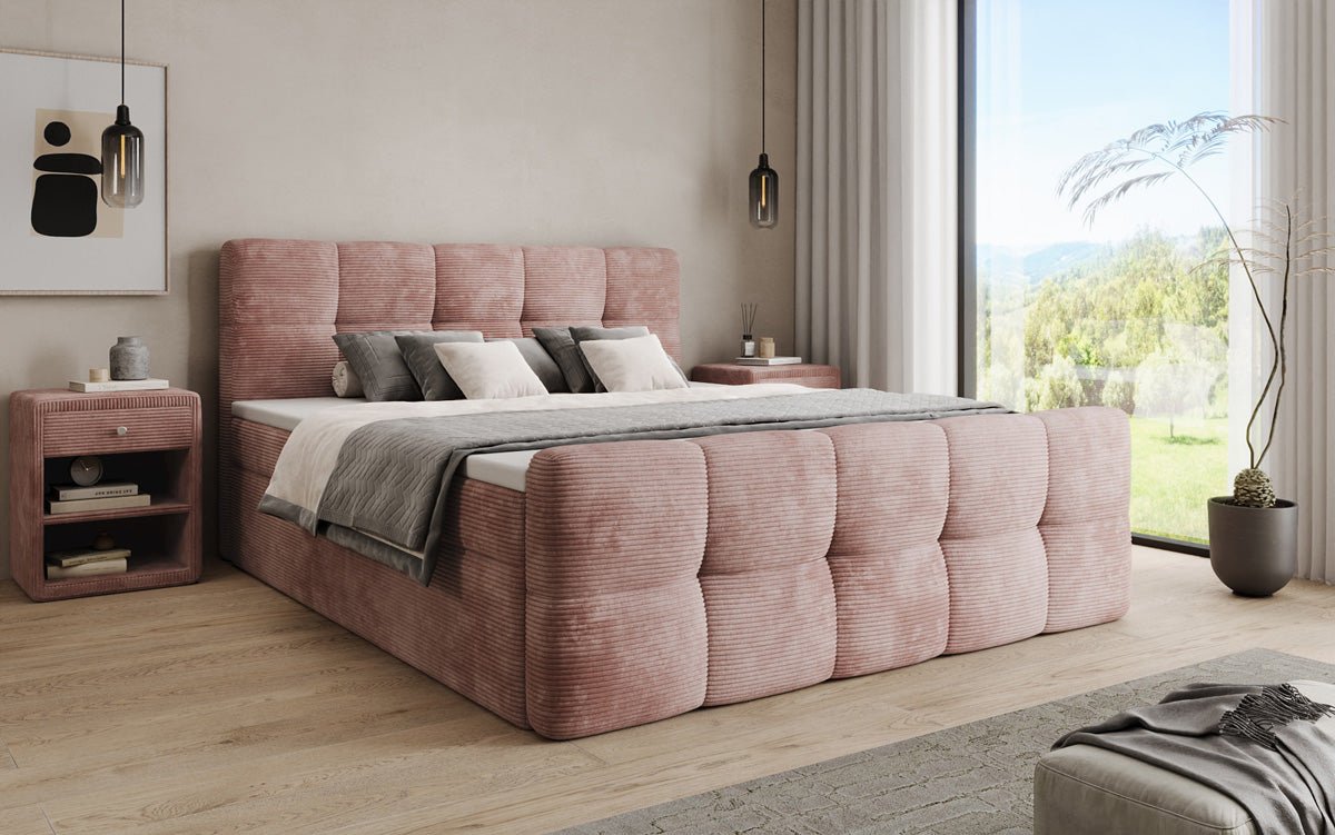 Boxspringbed Cozy in Ribstof met opbergruimte