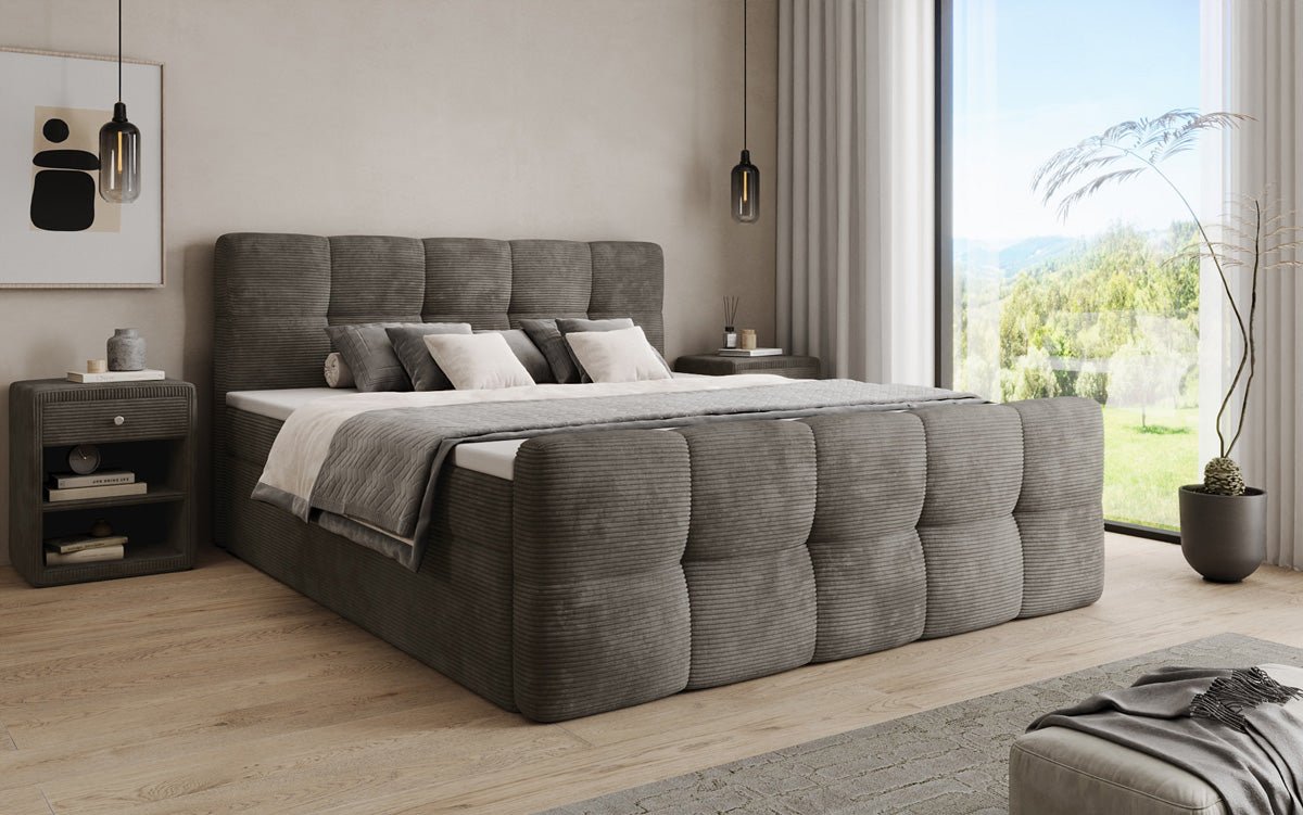 Boxspringbed Cozy in Ribstof met opbergruimte