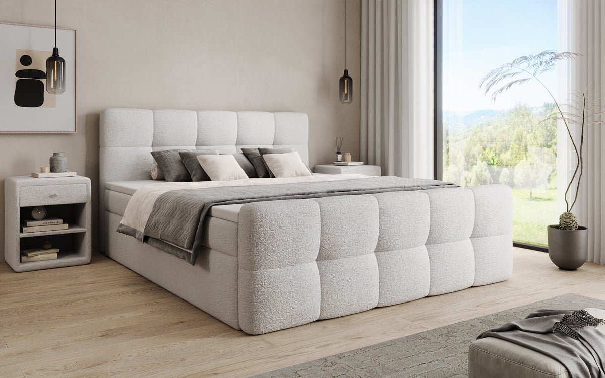 Boxspringbed Cozy in Teddystof Bouclé met opbergruimte