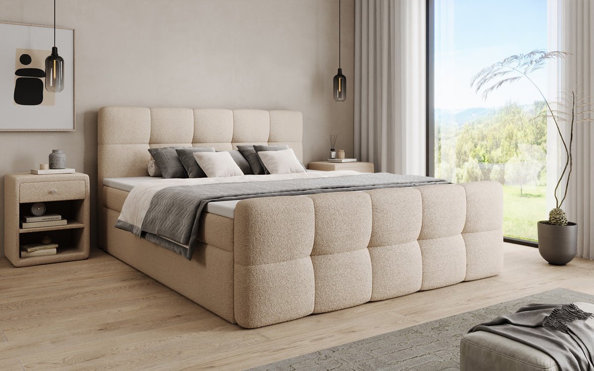 Boxspringbed Cozy in Teddystof Bouclé met opbergruimte