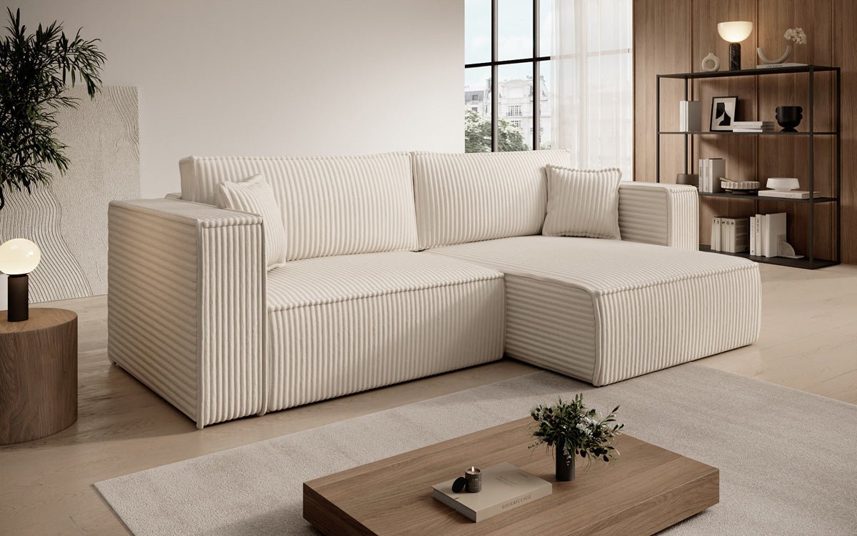 Designersofa Parijs in brede ribstof met slaap- en klapfunctie