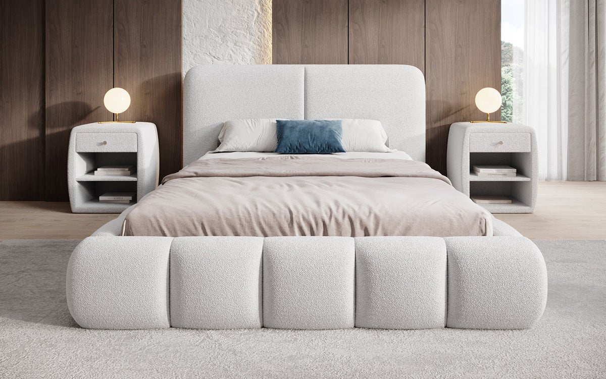 Design gestoffeerd bed Lolita in Bouclé met opbergruimte