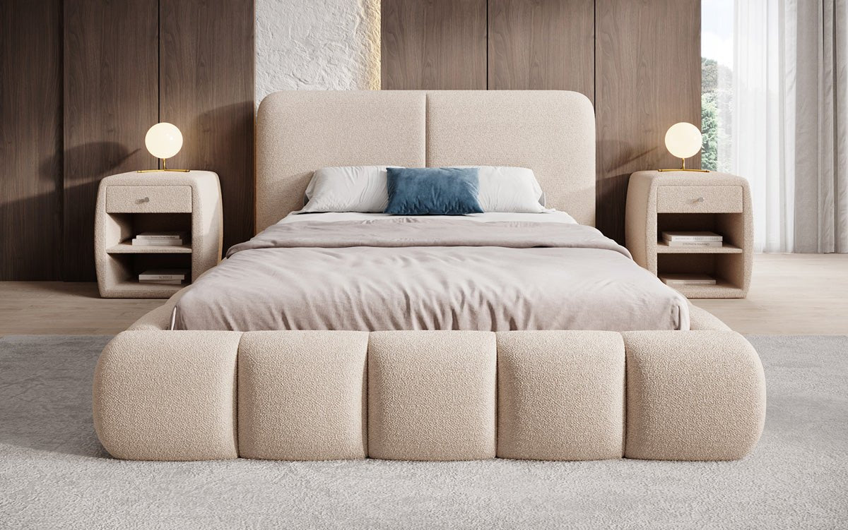 Design gestoffeerd bed Lolita in Bouclé met opbergruimte