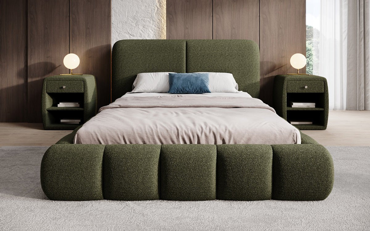 Design gestoffeerd bed Lolita in Bouclé met opbergruimte