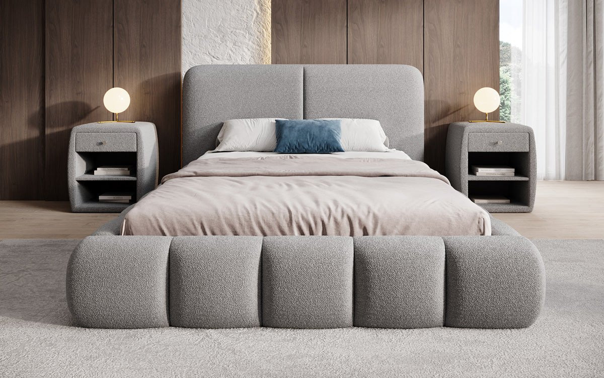 Design gestoffeerd bed Lolita in Bouclé met opbergruimte
