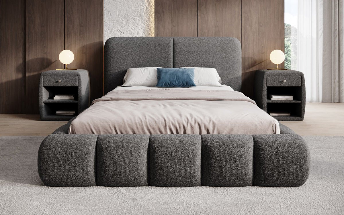 Design gestoffeerd bed Lolita in Bouclé met opbergruimte