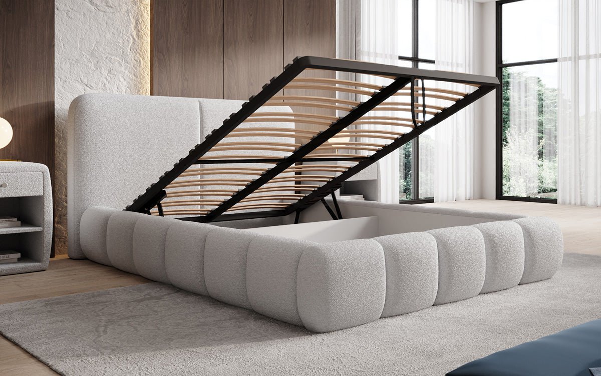 Design gestoffeerd bed Lolita in Bouclé met opbergruimte