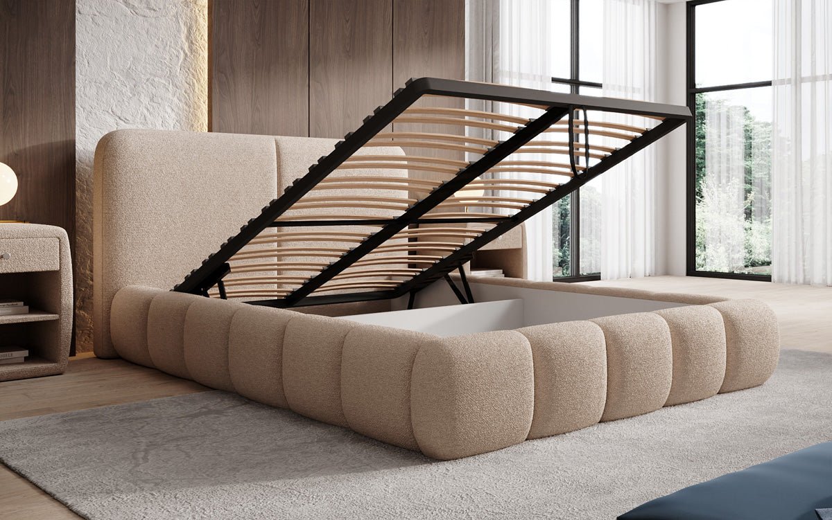 Design gestoffeerd bed Lolita in Bouclé met opbergruimte