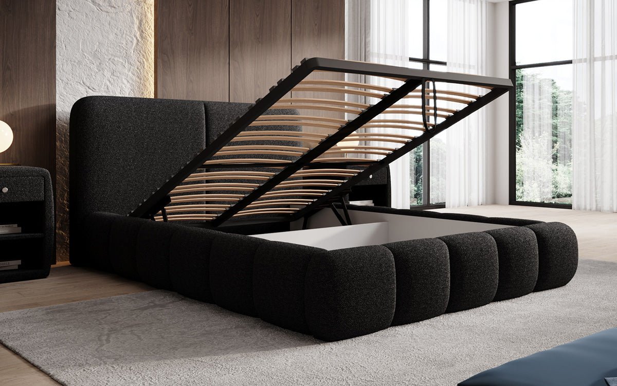 Design gestoffeerd bed Lolita in Bouclé met opbergruimte