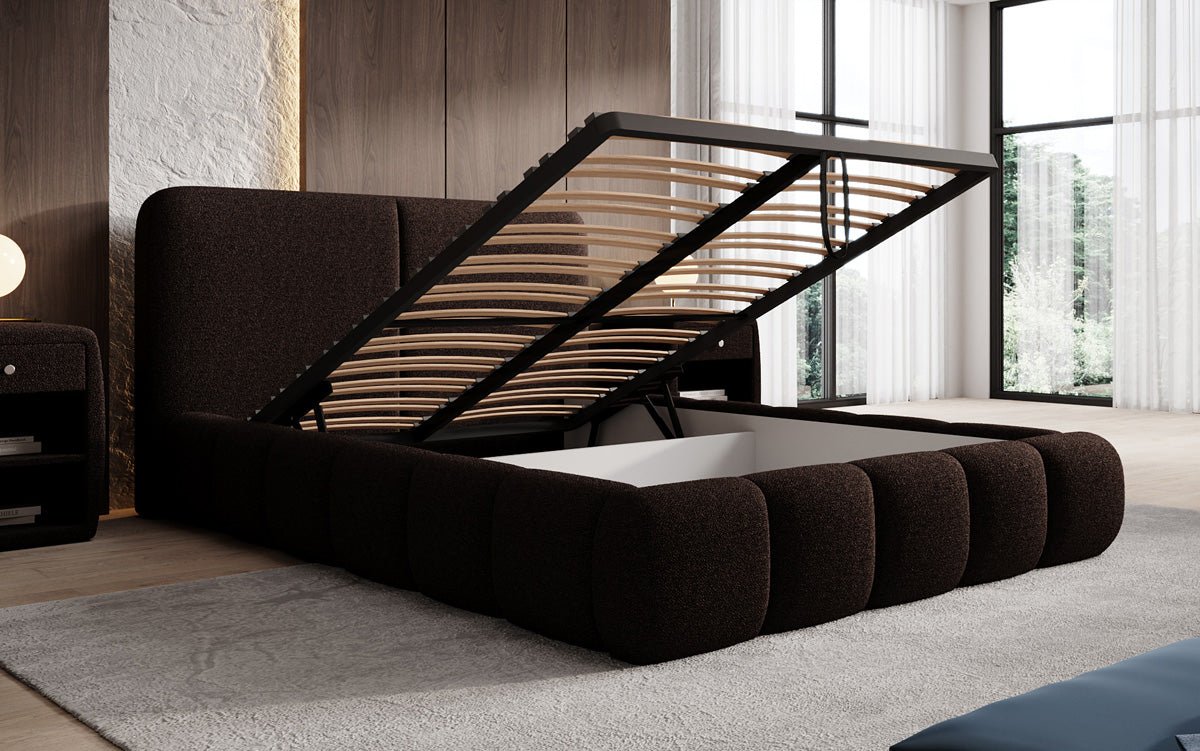 Design gestoffeerd bed Lolita in Bouclé met opbergruimte