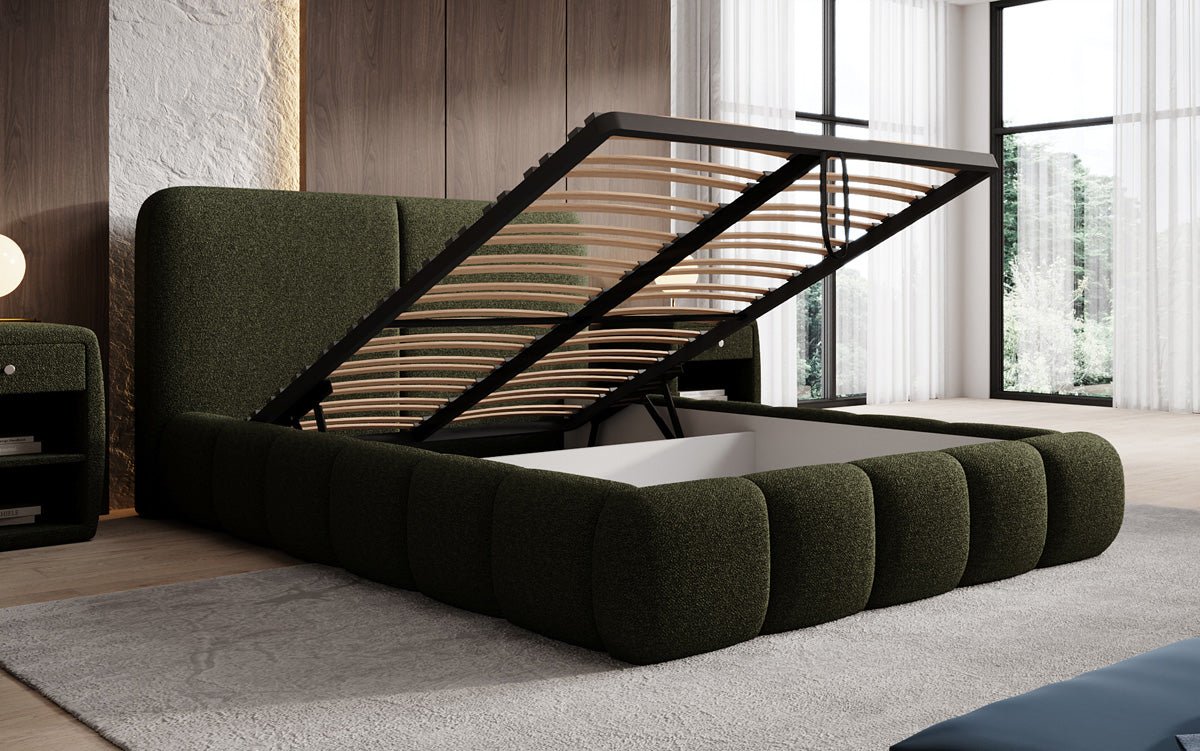 Design gestoffeerd bed Lolita in Bouclé met opbergruimte