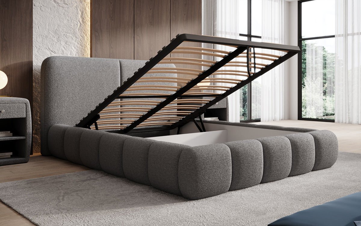 Design gestoffeerd bed Lolita in Bouclé met opbergruimte