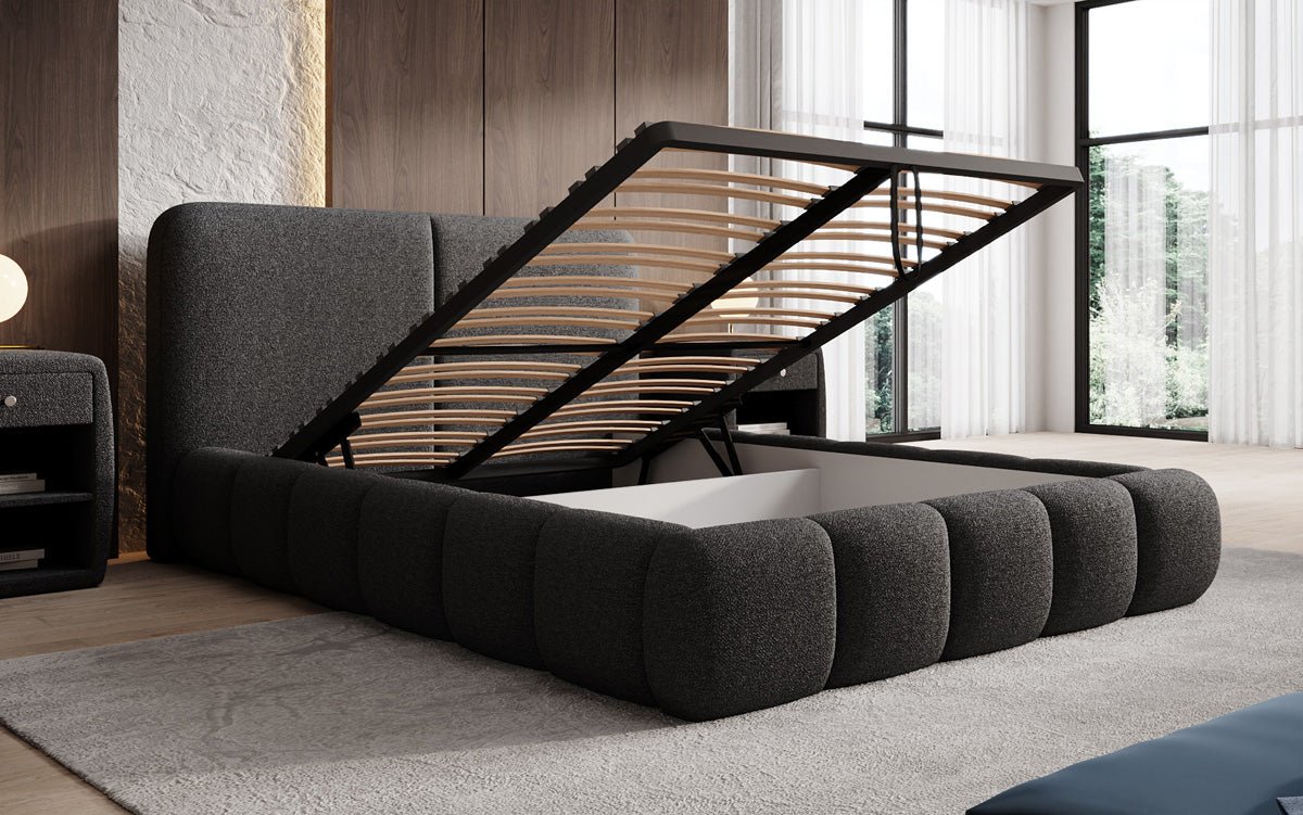 Design gestoffeerd bed Lolita in Bouclé met opbergruimte