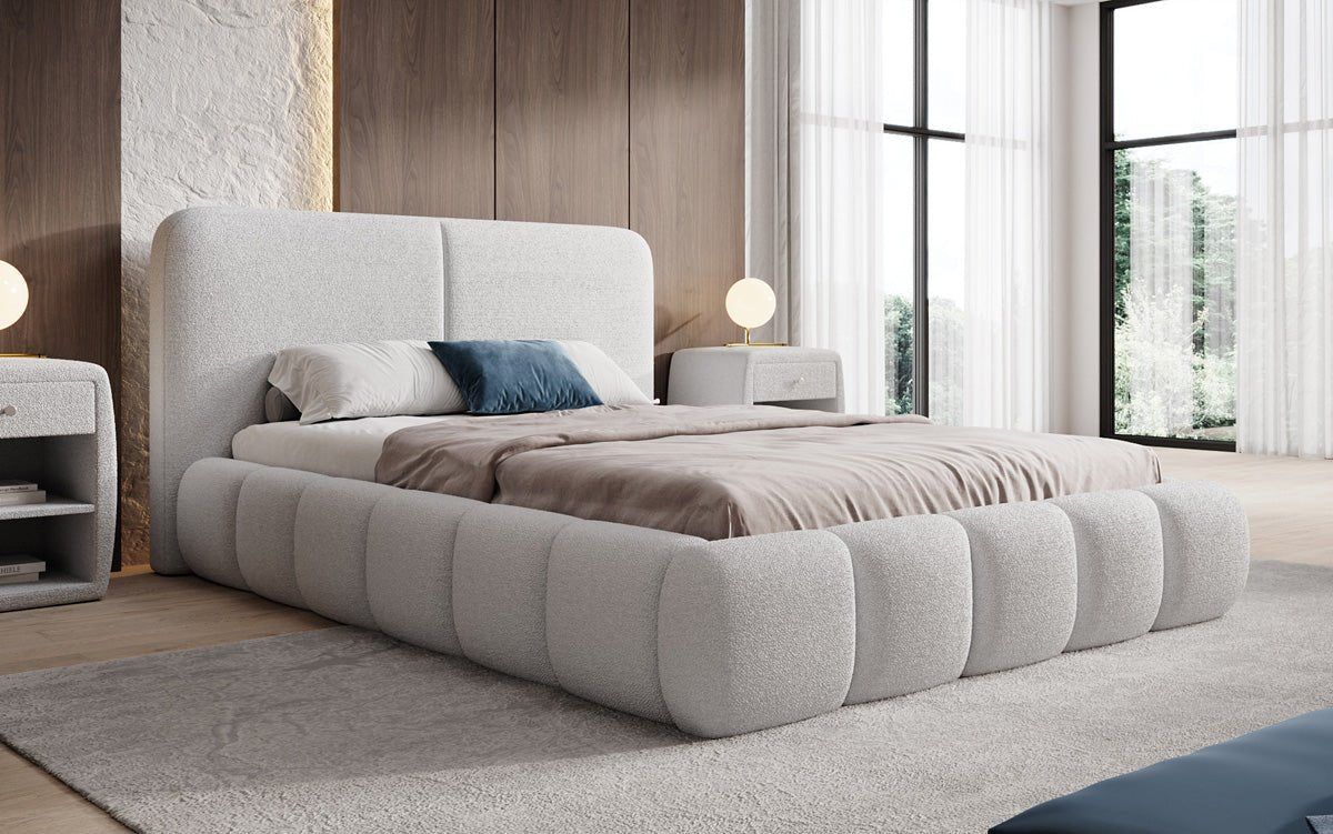 Design gestoffeerd bed Lolita in Bouclé met opbergruimte