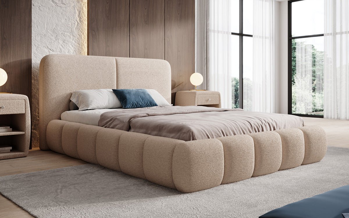 Design gestoffeerd bed Lolita in Bouclé met opbergruimte