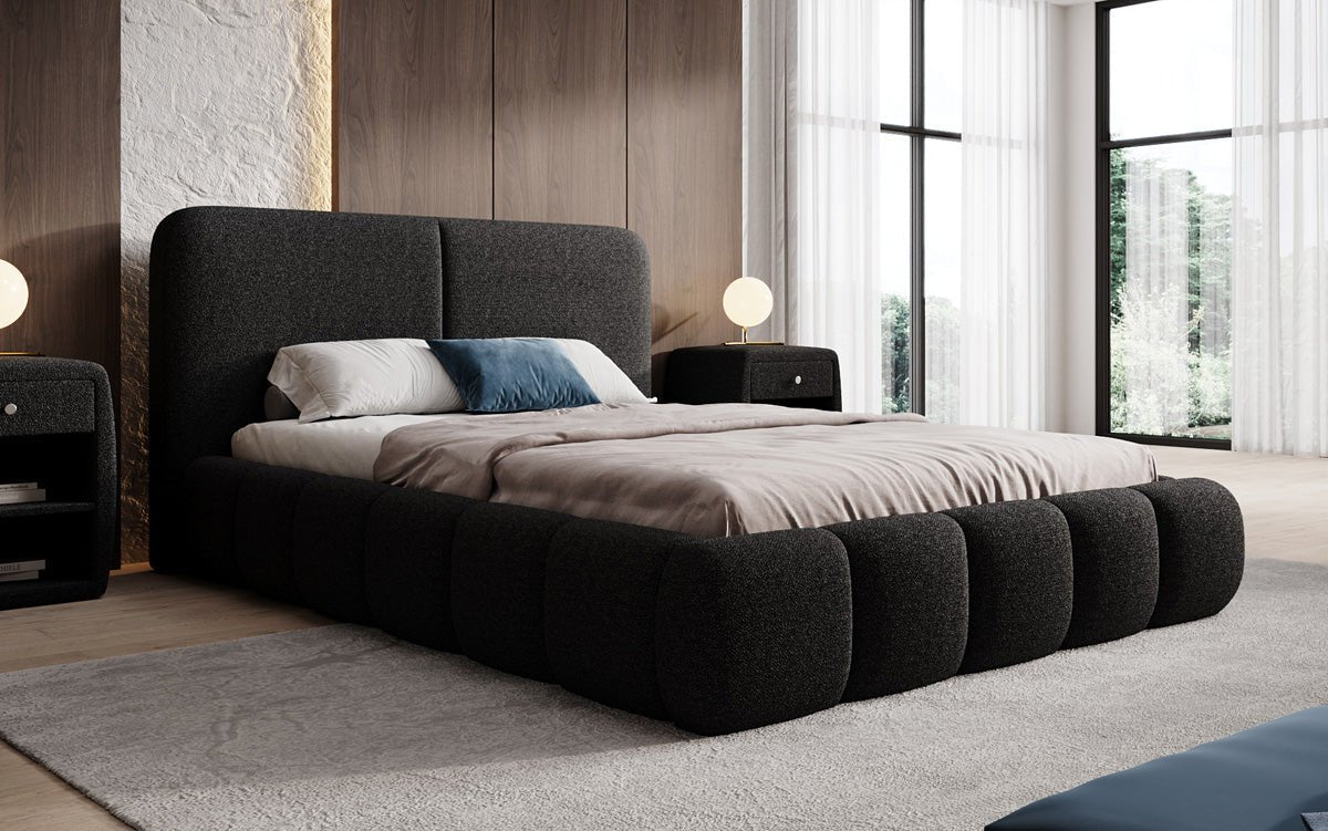 Design gestoffeerd bed Lolita in Bouclé met opbergruimte